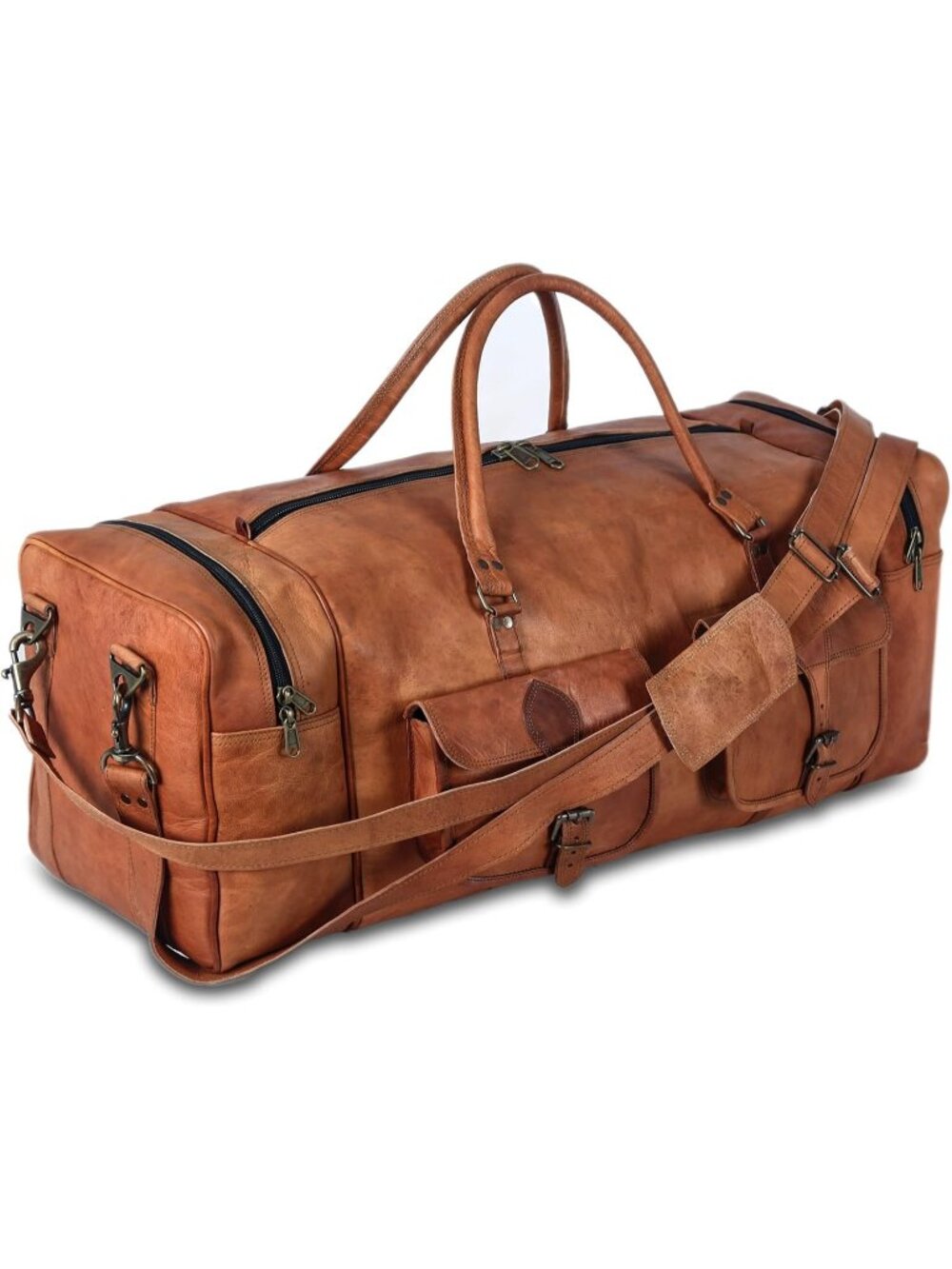 Men's Brown Leather Duffel Bag Sports Overnight Weekender Bag Adjustable Straps